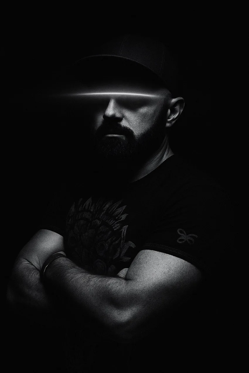 Black-and-white VTLX artist portrait with a cap and light across the eyes